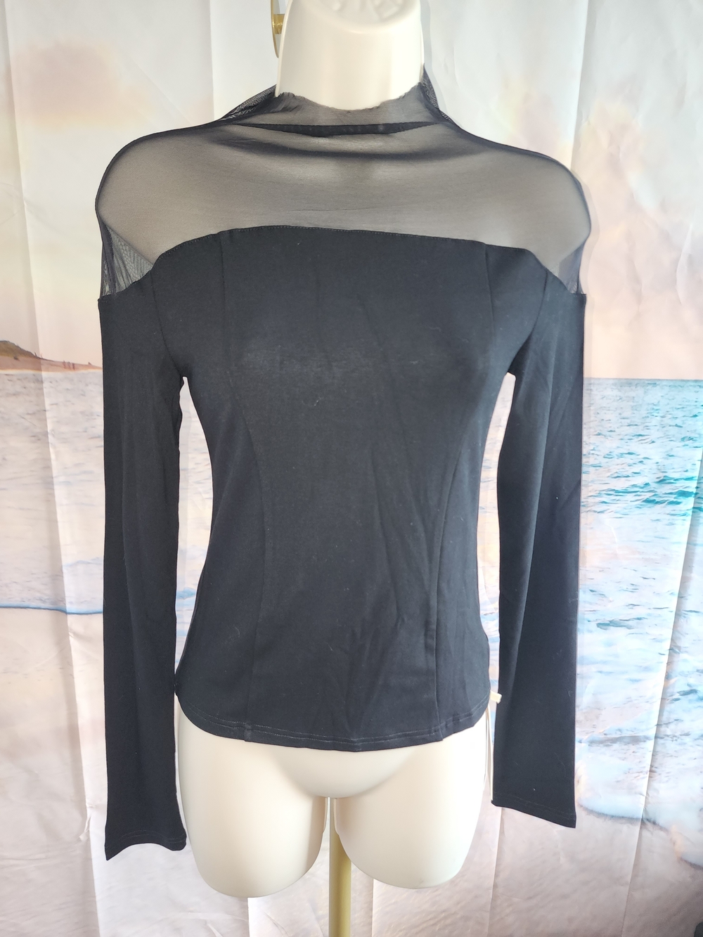 COMMENSE Women's Black Sheer Yoke Long-Sleeve Top
